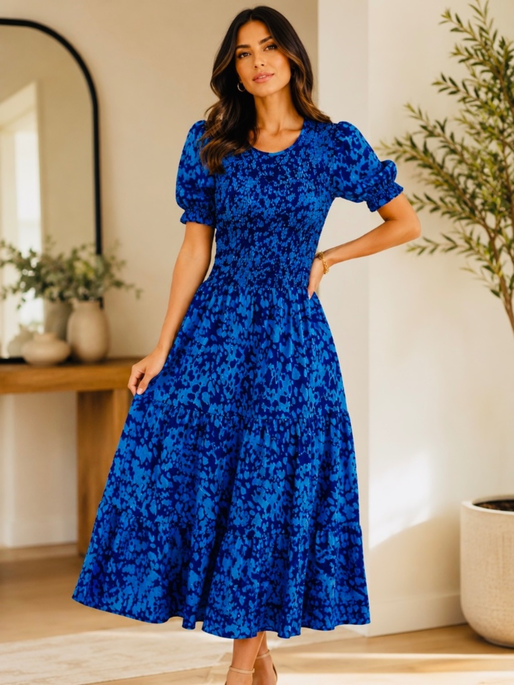BTFBM Blue Floral Smocked and Tiered Dress in size M
